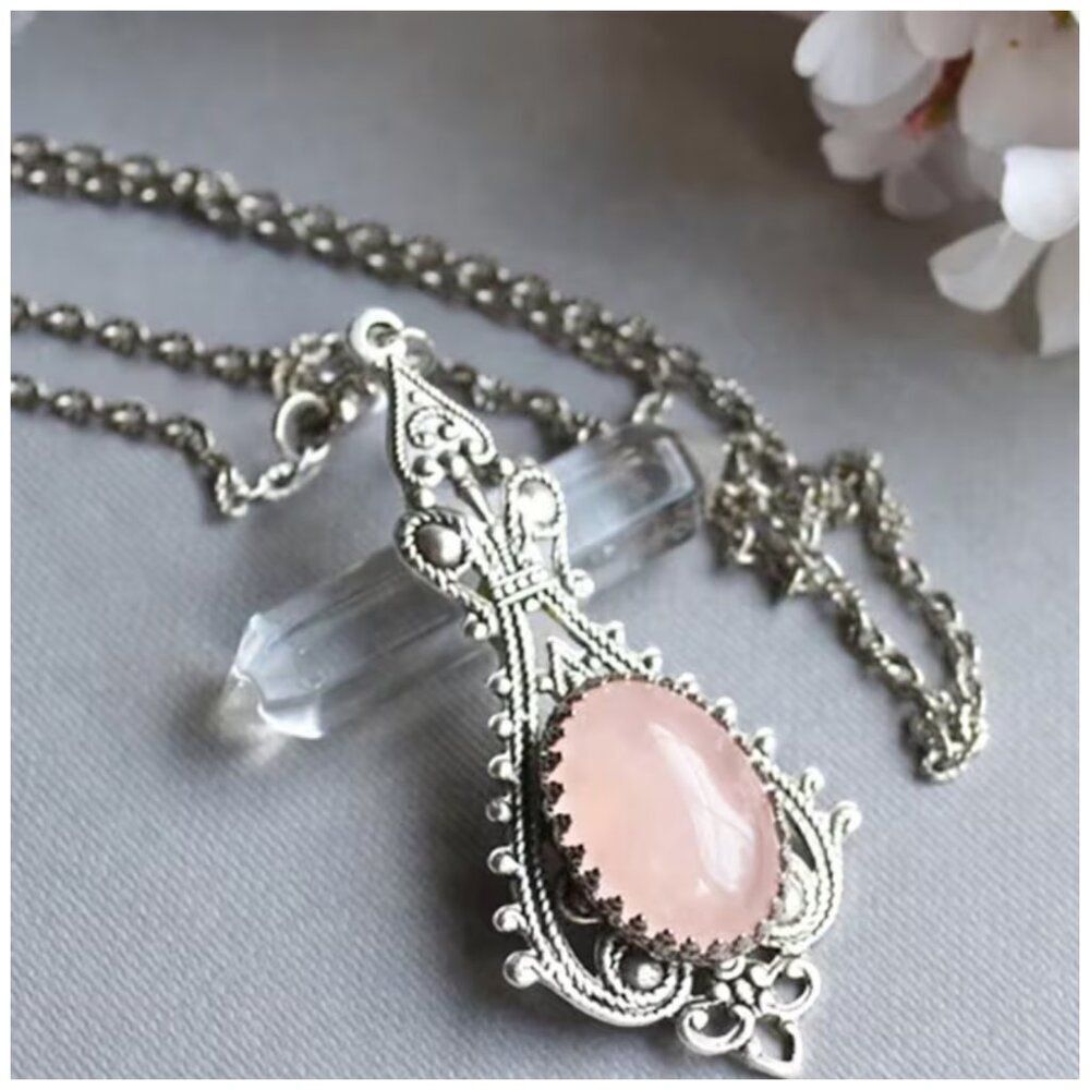 Necklace Palace-Style Hollow Design Oval Pink Imitation Jade Pendant Victorian